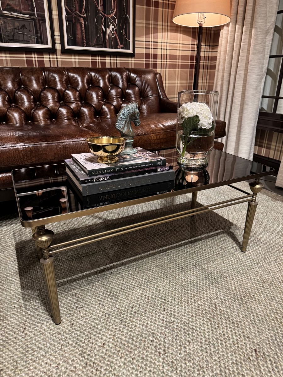 Smoked Glass Coffee Table with Antiqued Brass Base - Image 2