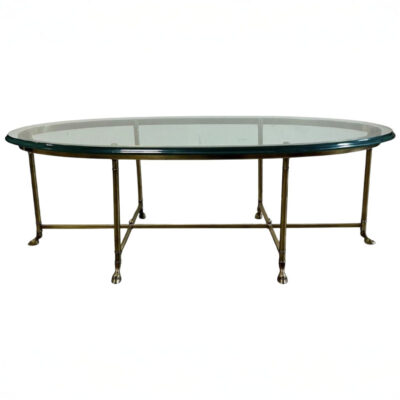 Vintage Mid-Century Oval Brass and Glass Cocktail Table with Hoof Feet