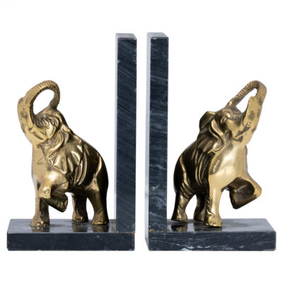 Pair of Vintage Brass and Marble Elephant Bookends