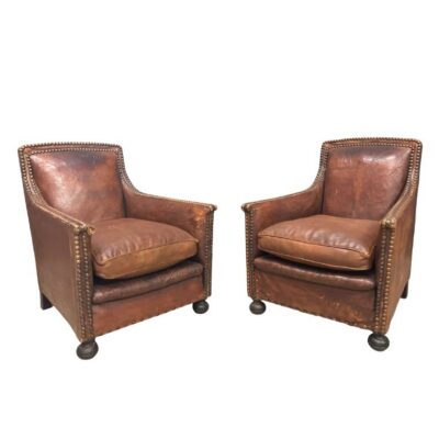 Pair of Antique French Leather Club Chairs