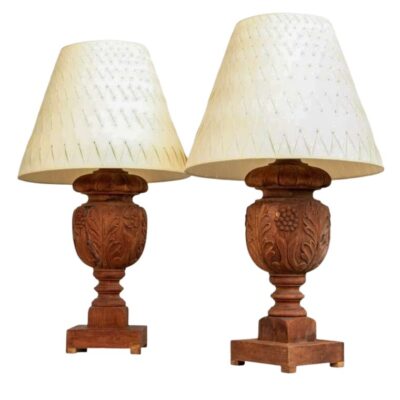 Pair of Vintage Carved Teak Lamps