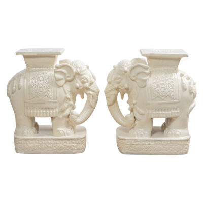 Pair of Vintage White Glazed Ceramic Elephant Stools