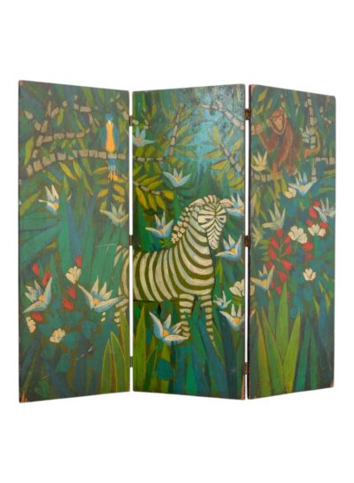 Vintage Hand Painted Folk Art Jungle Scene Tabletop Three Piece Folding Screen