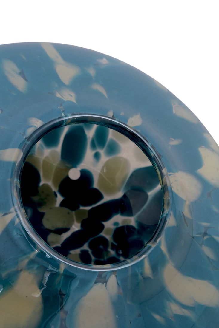 Vintage Round Teal and Ivory Art Glass Vase - Image 2