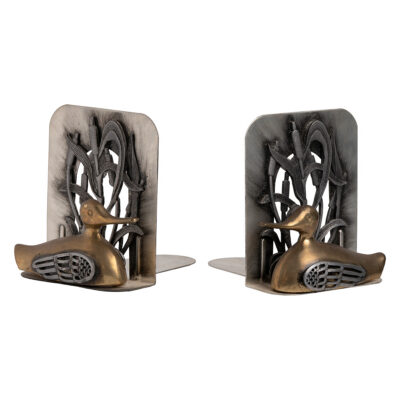 Vintage Pair of Brass and Steel Duck and Cattail Bookends