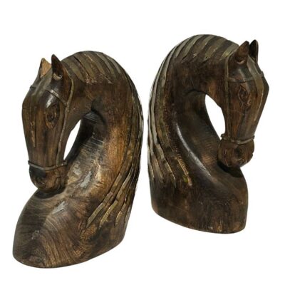 Pair of Vintage Wood and Brass Horse Head Bookends