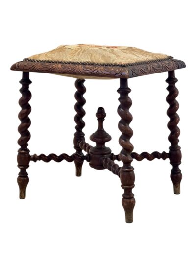 Antique French Needlepoint Oak Barley Twist Stool