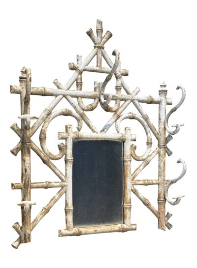 Antique French Distressed Faux Bamboo Mirror and Hat Rack
