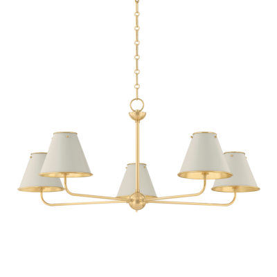 Aged Brass and Off White 5 Light Metal Chandelier