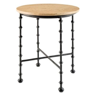 Natural Marble and Black Iron Side Table