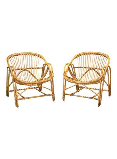 Pair of Vintage French Low Rattan Lounge Chairs