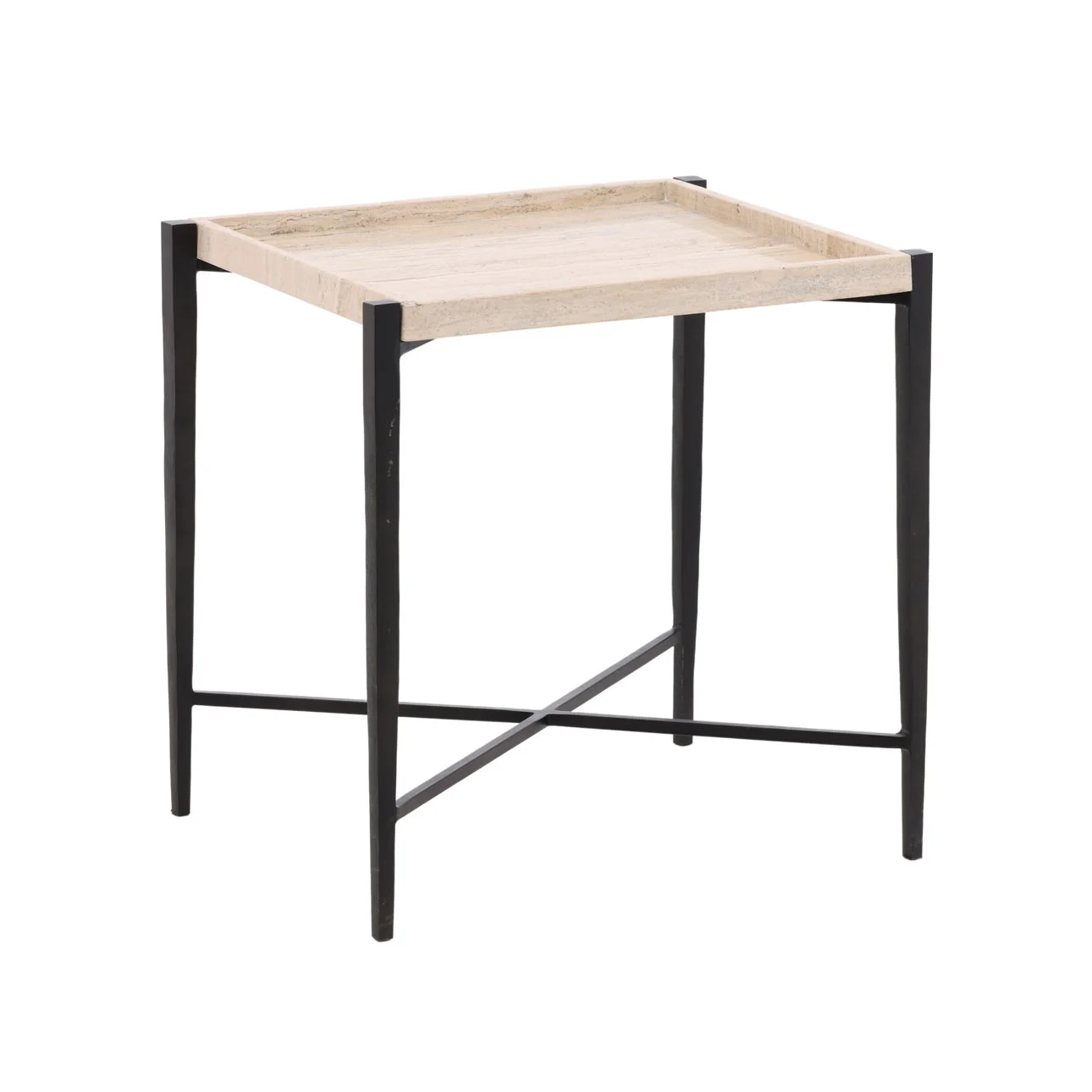 Travertine Tray Side Table with Black Iron Frame