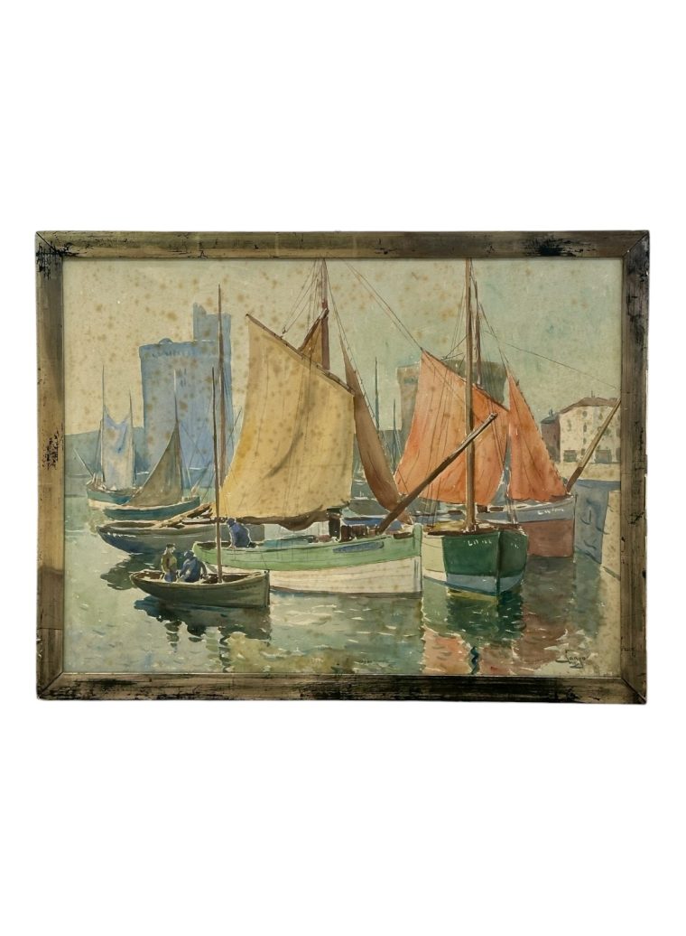 Vintage Framed Original Watercolor on Canvas Sailboat Painting
