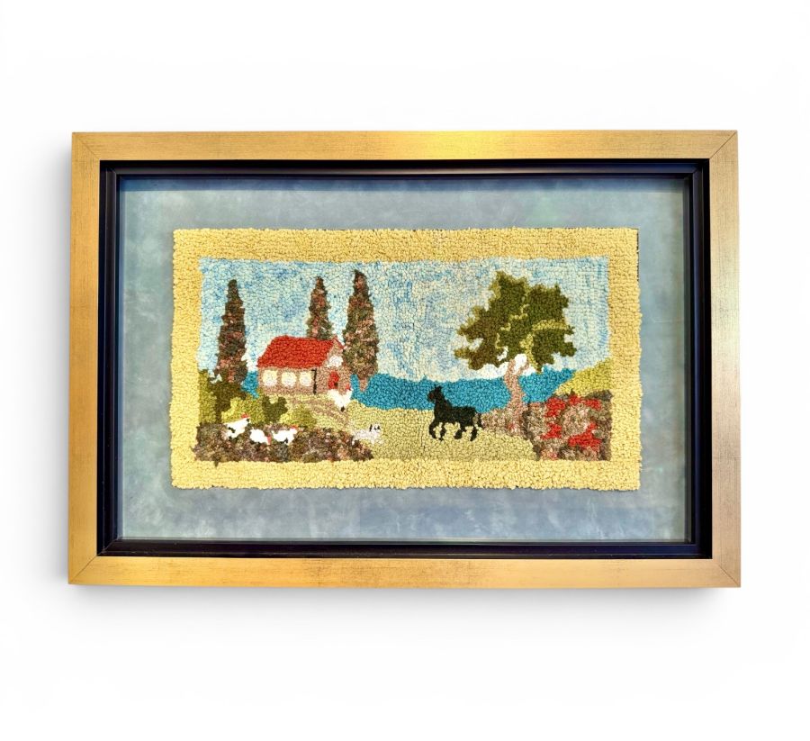 Antique Framed Farm Scene Hook Rug