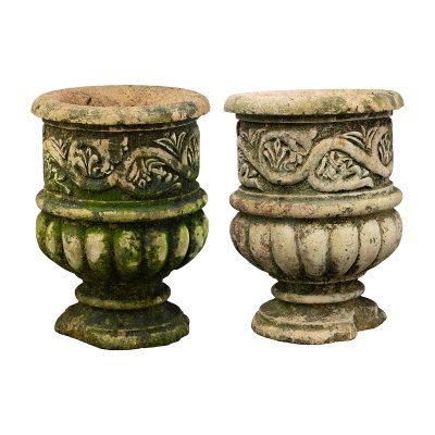Pair of Vintage Carved Limestone Urns