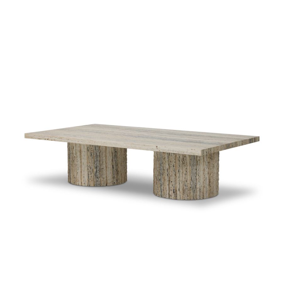 White Travertine Coffee Table with Column Bases