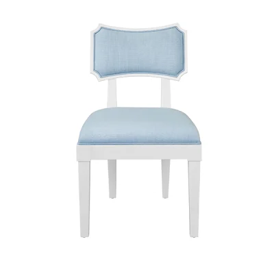 Bow Back Blue Linen and White Lacquer Dining Chair
