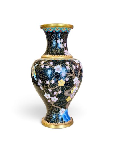 Vintage Cloisonne Tall Black Vase