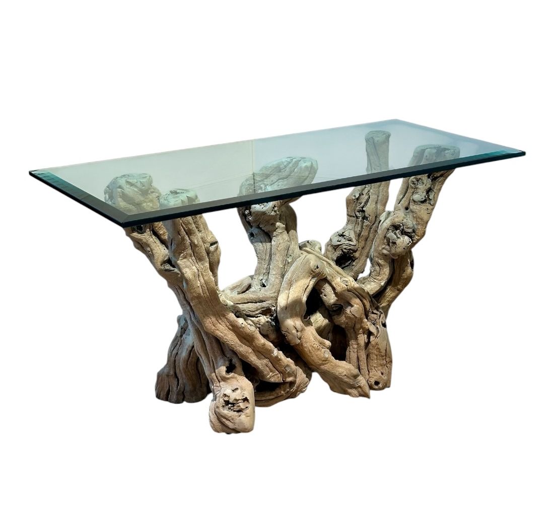 Vintage Driftwood Console with Glass Top