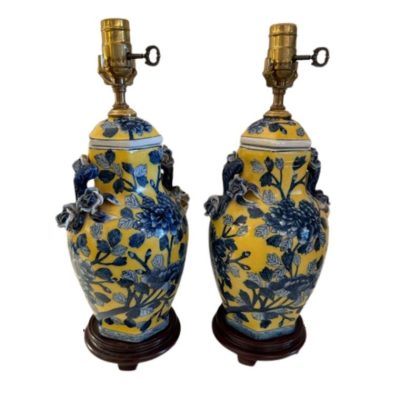 Vintage Pair of Petite Blue and Yellow Chinese Porcelain Lamps
