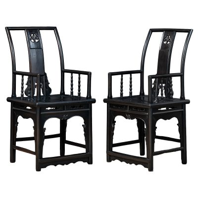 Pair of Vintage Chinese Ebonized Highback Chairs, two black armchairs with curved crest rails and spindle arms