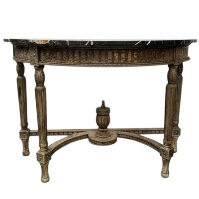 Vintage Louis XVI Style Distressed Wood and Marble Demilune, half-round console with black marble top and four tapered legs