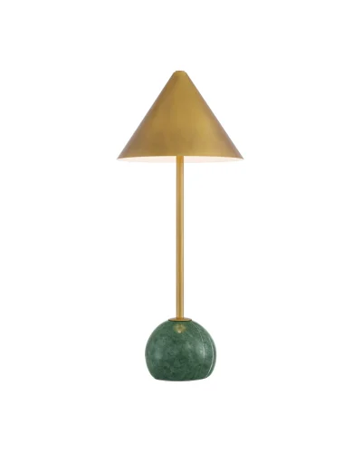 Green Marble and Brass Cordless Table Lamp with brass cone shade and green marble ball base