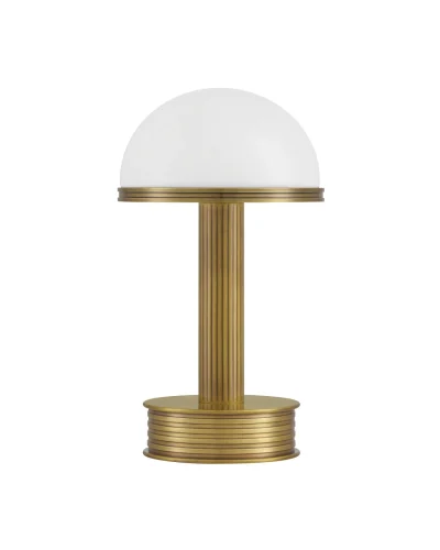 Prom Brass Cordless Table Lamp, dome-shaped white shade on a reeded brass stem and round base