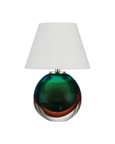 Handblown Art Glass Cordless Table Lamp with teal-green glass ball base and white shade