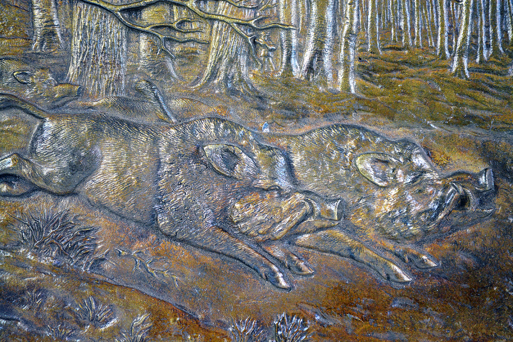 Antique French bronze wall plaque with relief depiction of wild boars, circa 1860.