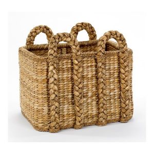 Large rectangular woven basket with handles, showcasing a natural brown color and intricate weaving pattern.