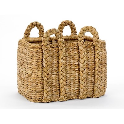 Small rectangular wicker basket with handles, featuring a natural finish.