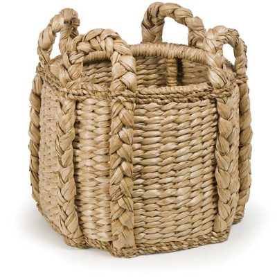 Small round wicker basket with a handle and rope trim, showcasing its natural texture and design.