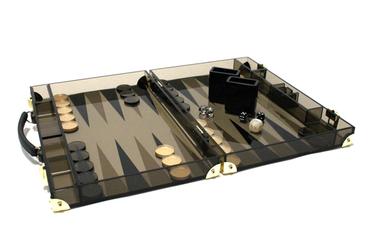 Acrylic handcrafted backgammon set with brass hardware and leather handle, showcasing the open design.