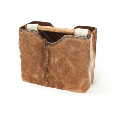 Brown leather magazine holder with wooden handle, featuring a unique horse hair texture and design.
