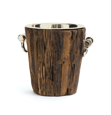 Rustic wooden ice bucket with metal handle, showcasing a natural wood texture and a metallic finish, placed on a white surface.