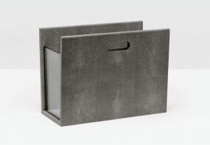 A black faux shagreen magazine holder with a clear acrylic end panel and handle, displayed against a white background.