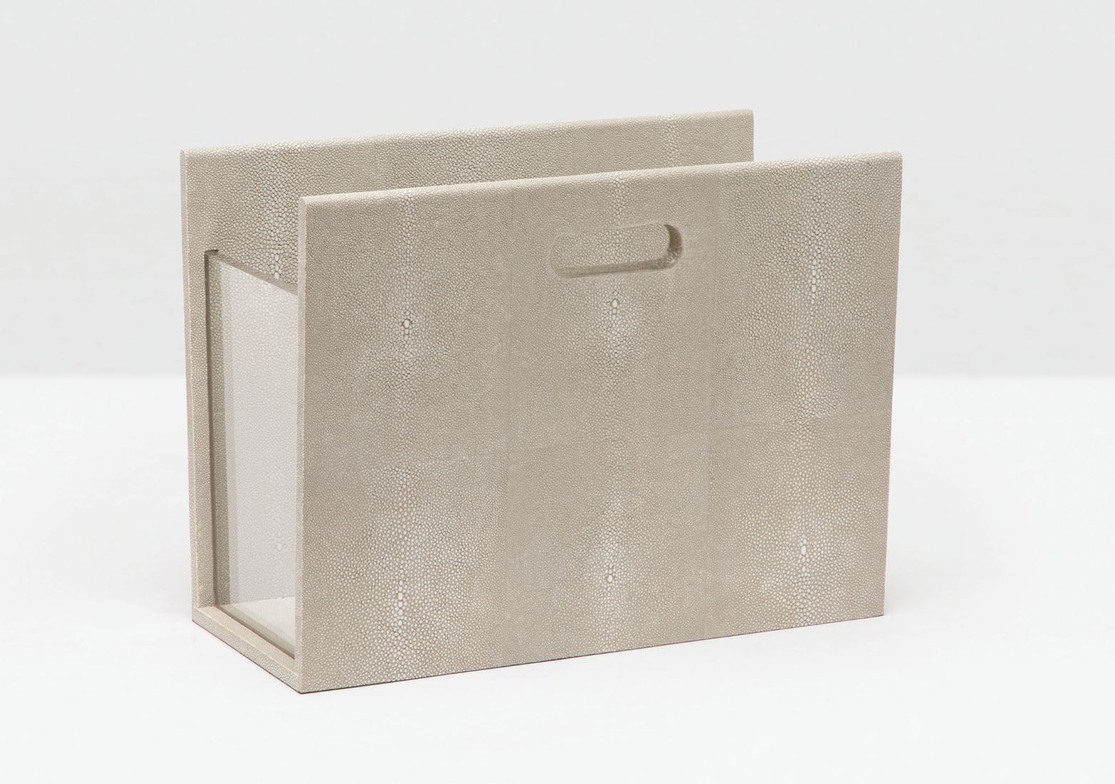 Gold glittery magazine holder with acrylic end panel and handle, available in sand or cool gray.
