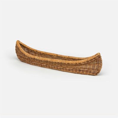 Natural wicker canoe-shaped basket on a white background