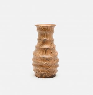 A brown wooden hourglass vase with intricate carvings, displayed against a white background.