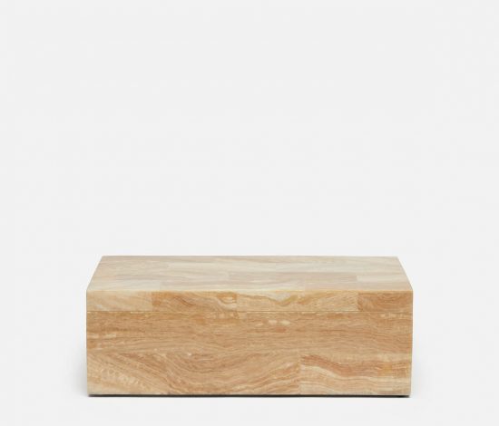 Kata Crystal Stone Box with Velvet Interior showcasing a rectangular box with a wooden base and a clear top revealing a velvety