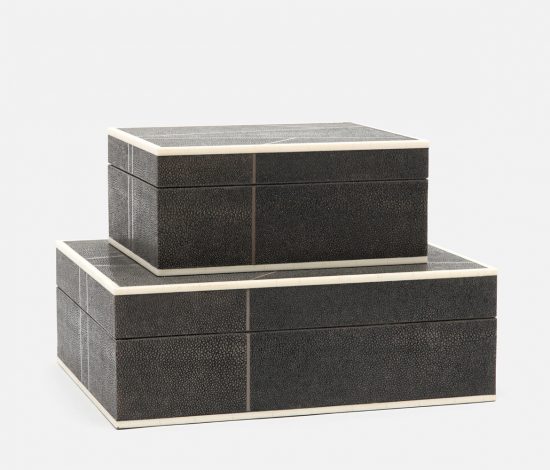 The image shows a set of three large faux shagreen brick boxes in a geometric pattern They are available in sand cool