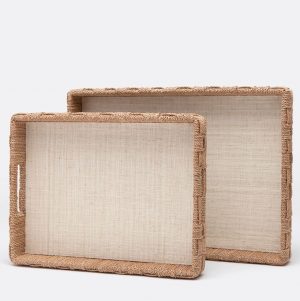 The image displays a set of three woven placemats with a natural rope trim presented in two different sizes large and small