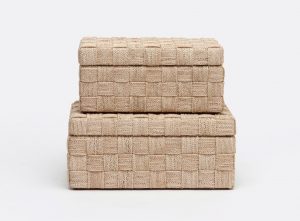 Three woven rope baskets stacked on top of each other with a natural color and a pewter color option displayed against a