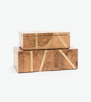 Three wooden boxes with a golden ribbon design, displayed in a row against a white background.