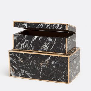 Black and white marble box with brass accents, presented in two sizes against a neutral background.