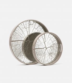 Two round brown faux wood grain etched mirror trays with inset handles The larger tray is 22 inches in diameter and the