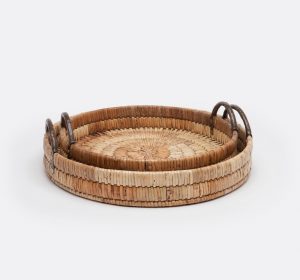 Large round natural rattan tray with a woven design, displayed against a white background.