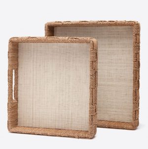 Two woven baskets with a rope handle, set against a white background.