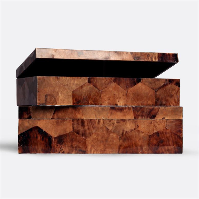 A large, square wooden box with a cracked pattern on its surface, presented in a three-dimensional perspective against a white background.
